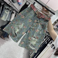 High Waist Ripped Floral Pattern Denim Shorts
