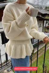 Long Sleeve O-Neck Ruffles Patchwork Knitted Sweater