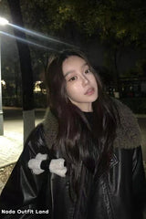 Loose Plush Collar Black Leather Jacket