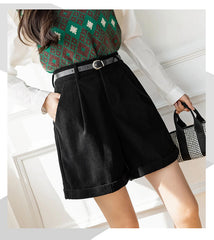 High Waist Retro Loose Corduroy Shorts with Belt