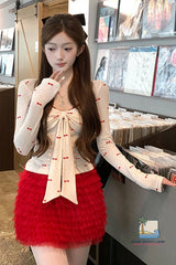 Long Sleeve Cute Bow Pattern Lace Cropped Shirt