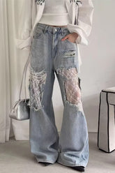 High Waist Hole Design Lace Patchwork Jeans Pants