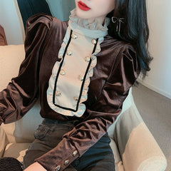 Long Sleeve Stand Collar Velvet Blouse Shirts