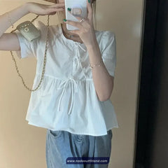 Short Sleeve Drawstring Cute Ruffles Shirt