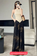Elastic Waist Floral Pattern Black Long Pants