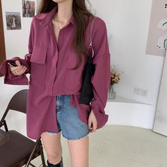 Long Sleeve Double Pockets Retro Blouse Shirts