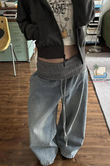 High Waist Knitted Lace Drawstring Loose Denim Pants