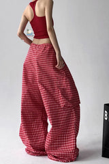 High Waist Retro Red Plaid Summer Loose Pants