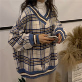 Classic V-Neck Plaid Knitted Loose Sweater