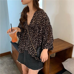 Long Sleeve V-Neck Chiffon Floral Loose Shirt