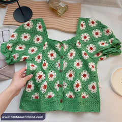 Puff Sleeve Square Collar Knitted Crochet Shirt