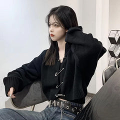 Long Sleeve Big Pin Buckle Cardigan Sweater