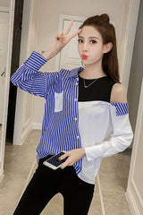 Long Sleeve Striped Cut Side Shoulder Blouse Shirt