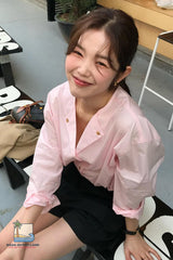 Long Sleeve Cute V-Neck Pink Blouse Shirt
