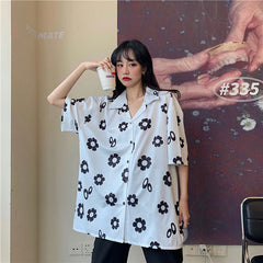 Loose Short Sleeve Daisy Printed Blouse Shirt