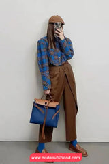 Long Sleeve Vintage Blue Plaid Cropped Blouse Shirt