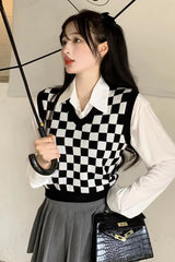 V-Neck Plaid Chess Knitted Vest Sweater