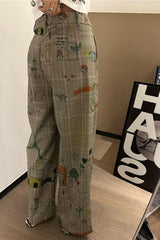 Loose Graffiti Printed Long Plaid Pants