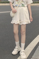 High Waist Elastic Ruffles Wide Leg Shorts