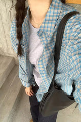 Long Sleeve Retro Blue Plaid Blouse Shirt
