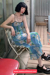 Retro Floral Pattern Spaghetti Strap Long Dress