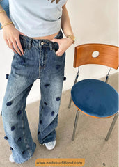 High Waist 3D Flower Pattern Long Jeans Pants
