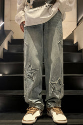 High Waist Stars Embroidered Loose Jeans Pants