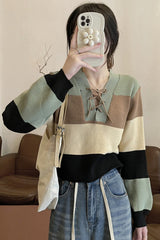 Lace Tie Striped Cropped Sweater