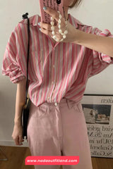 Long Sleeve Retro Striped Summer Blouse Shirt