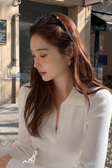 Long Sleeve V-Neck Lapel Collar Elegant Sweater