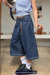 Loose Calf Length Blue Striped Jeans Pants
