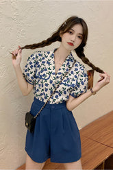 Floral Puff Sleeve Turn Down Collar Blouse Shirt