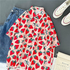 Cute Strawberry Printed Short Sleeve Blouse Shirt