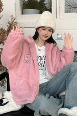 Loose Vintage Cute Bear Embroidered Faux Lamb Jacket