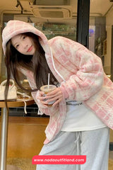 Loose Cute Pink Plaid Hooded Thick Jacket