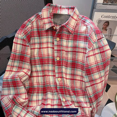 Loose Retro Red Plaid Blouse Shirt