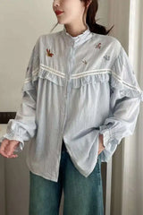 Long Sleeve High Neck Striped Blouse Shirt