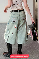 High Waist Knee Length Cute Dogs Pattern Jeans Pants