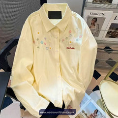 Long Sleeve Flowers Embroidered Striped Blouse Shirt