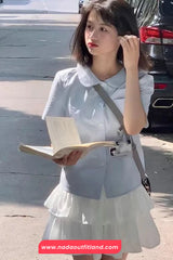 Short Sleeve Turn Down Collar Blue Blouse Shirt