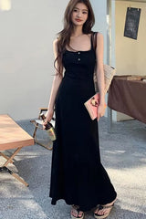 Square Collar Buttons Sleeveless Off Shoulder Long Dress