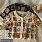 Turn Down Collar Retro Flower Pattern Crochet Shirts