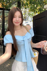 Sexy Slash Neck Puff Sleeve Cropped Shirt