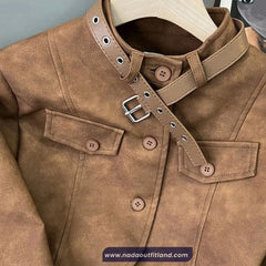 Long Sleeve Belted Neck Brown Leather Cropped Jacket