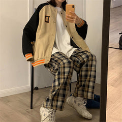 High Waist Plaid Colors Loose Pants