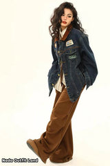 Long Sleeve Lapel Collar Retro Denim Blue Jacket