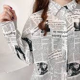 Newspaper Printed Turn Down Collar Blouse Shirt