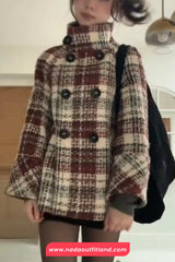Double Breasted Plaid Pattern Warm Turtleneck Coat Jacket