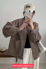 Long Sleeve Turn Down Collar Cargo Pockets Jacket