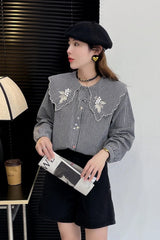 Long Sleeve Doll Collar Striped Blouse Shirt